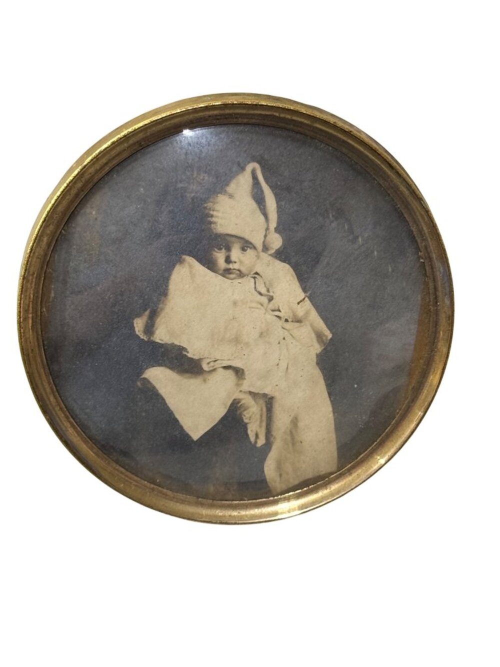 Antique Brass Round Frame Portrait Vintage Baby Photograph Easel Back Mini 3.5"
